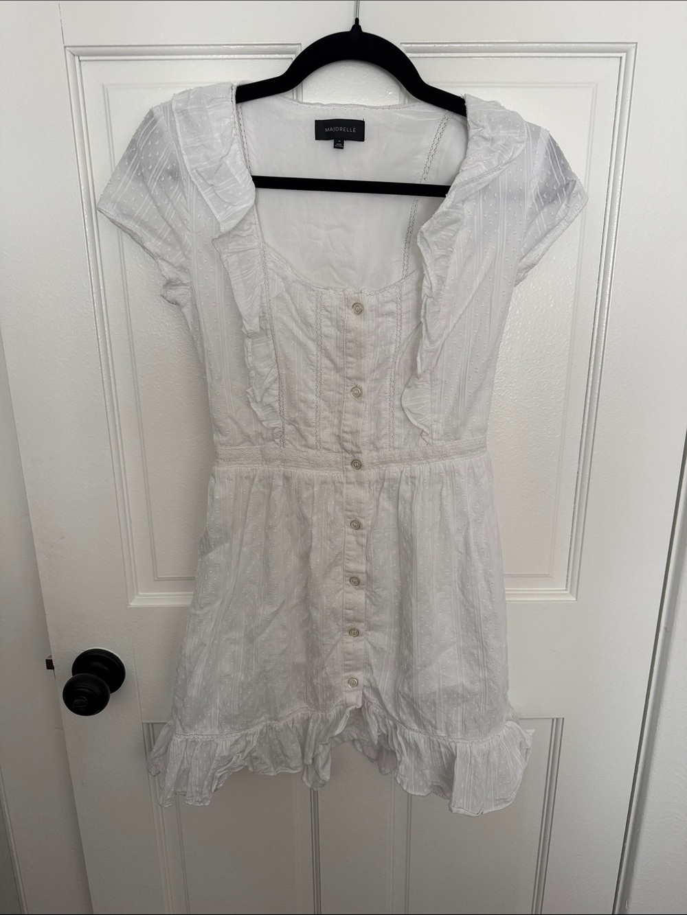 MAJORELLE White Ruffle Button-Front Mini Dress
